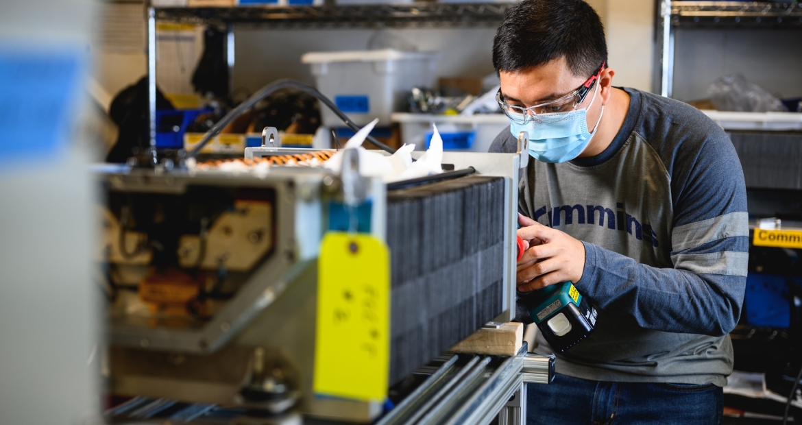 An employee works at the Cummins Fuel Cell & Hydrogen Technology campus in Mississauga, Ontario (Canada).